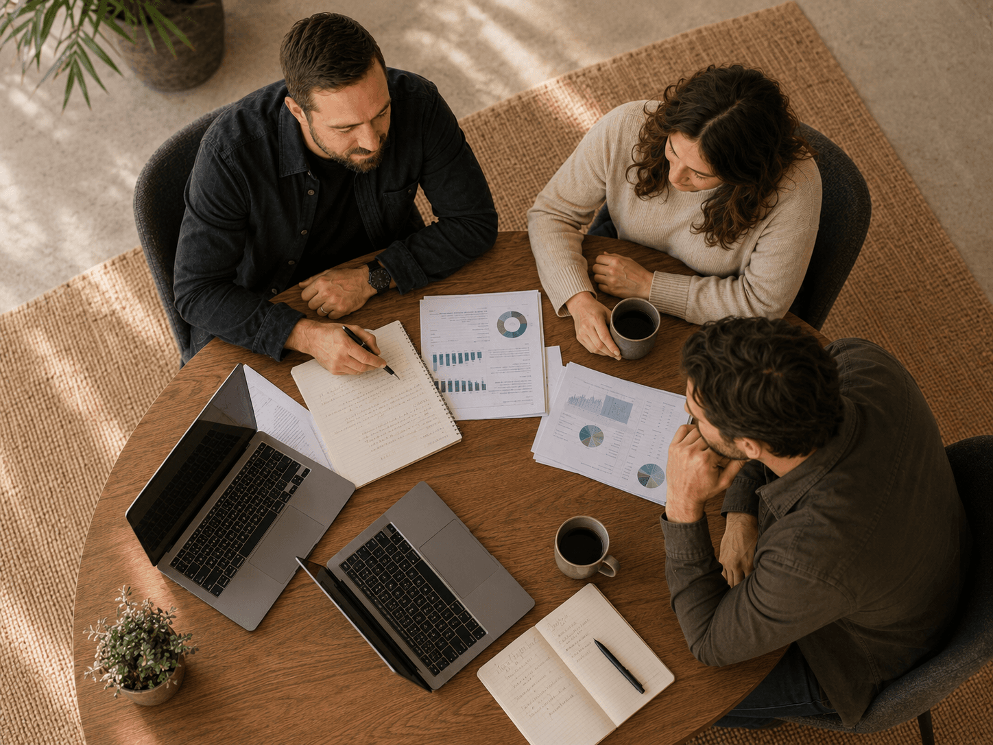 David Lean reviewing business reports with a business owner
